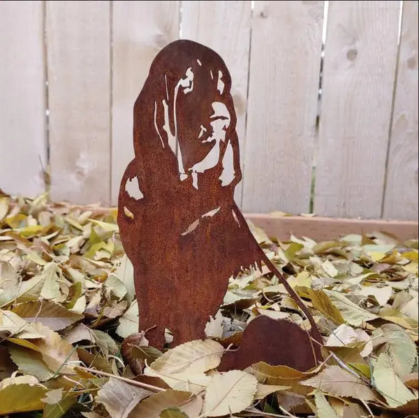 Bloodhound Corten steel dog silhouette, rusted patina finish, shown outdoors – My Metal Rescue