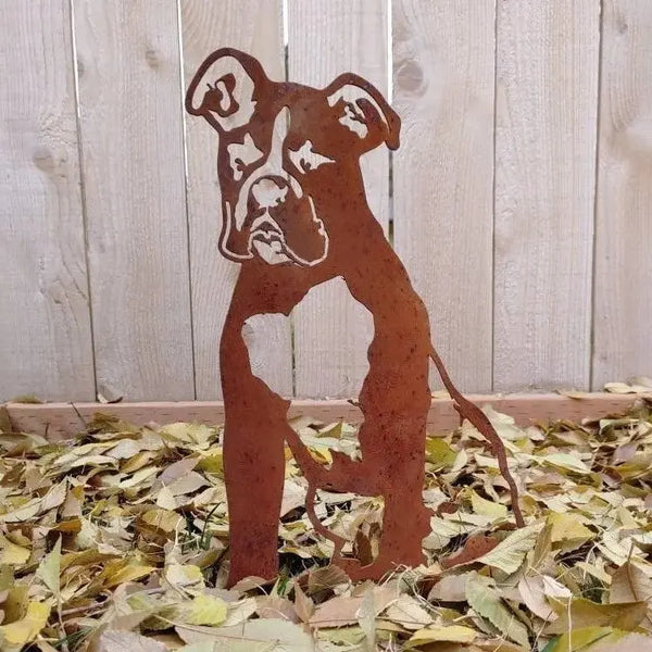 Boxer Corten steel dog silhouette, rusted patina finish, shown outdoors – My Metal Rescue