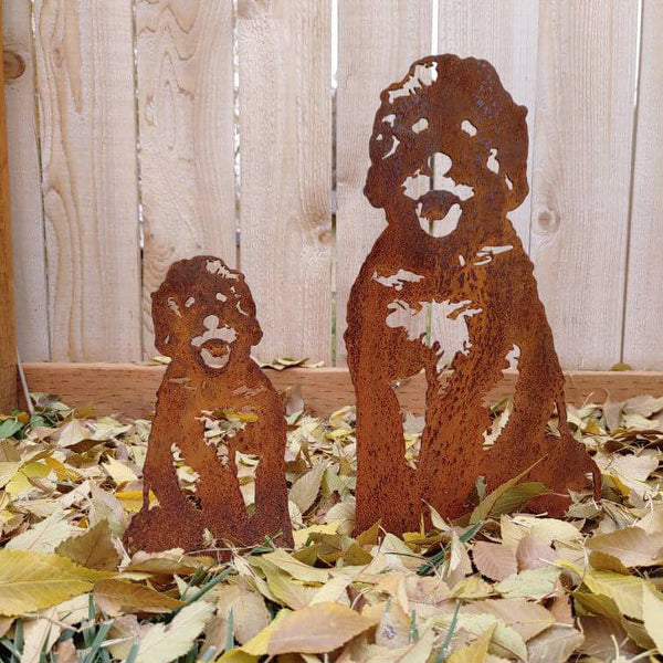 Doodle Corten steel dog silhouette, rusted patina finish, shown outdoors – My Metal Rescue