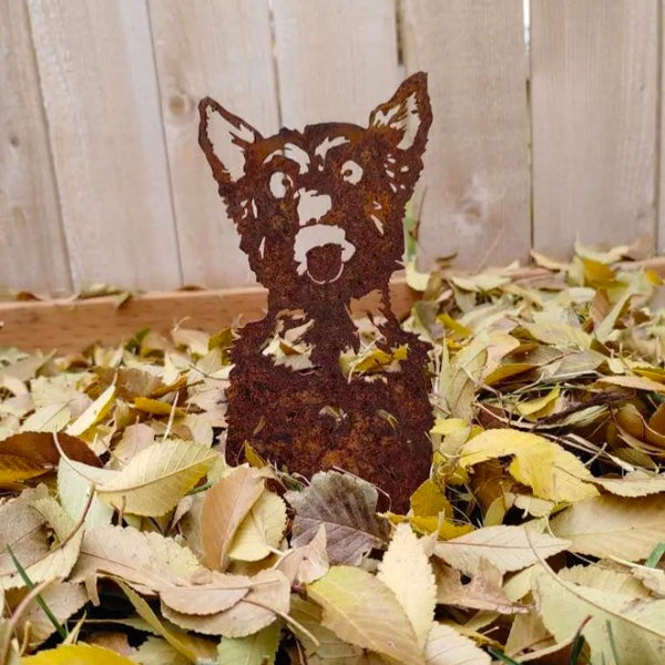 Yorkshire Terrier Corten steel dog silhouette, rusted patina finish, shown outdoors – My Metal Rescue