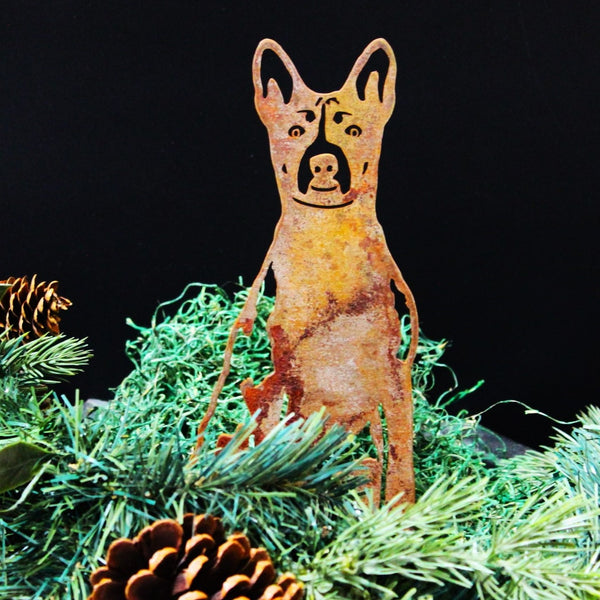 Basenji Corten steel dog silhouette, rusted patina finish, shown outdoors – My Metal Rescue