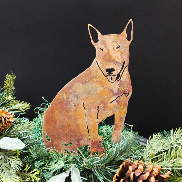 Bull Terrier Corten steel dog silhouette, rusted patina finish, shown outdoors – My Metal Rescue