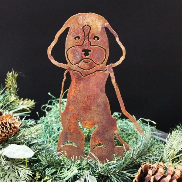 Cockapoo Corten steel dog silhouette, rusted patina finish, shown outdoors – My Metal Rescue