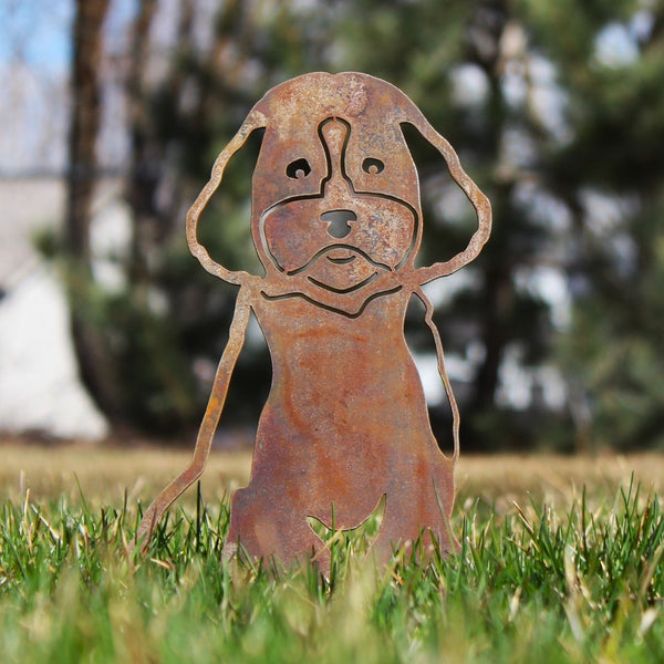 Maltipoo Corten steel dog silhouette, rusted patina finish, shown outdoors – My Metal Rescue