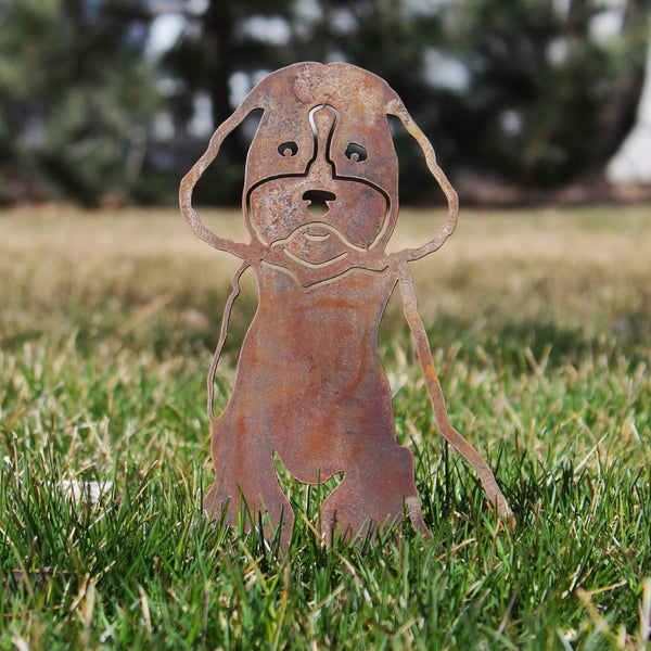 Maltipoo Corten steel dog silhouette, rusted patina finish, shown outdoors – My Metal Rescue