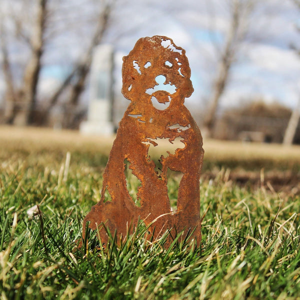 Doodle Corten steel dog silhouette, rusted patina finish, shown outdoors – My Metal Rescue