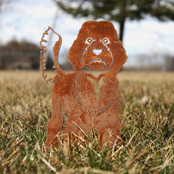 Labradoodle Corten steel dog silhouette, rusted patina finish, shown outdoors – My Metal Rescue