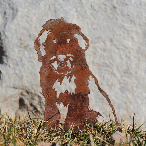 Old English Sheepdog Corten steel dog silhouette, rusted patina finish, shown outdoors – My Metal Rescue