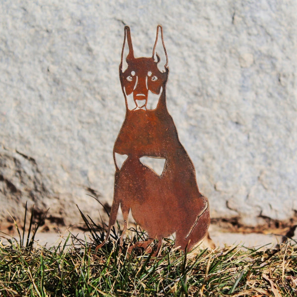 Doberman Pinscher Cropped Ear Corten steel dog silhouette, rusted patina finish, shown outdoors – My Metal Rescue