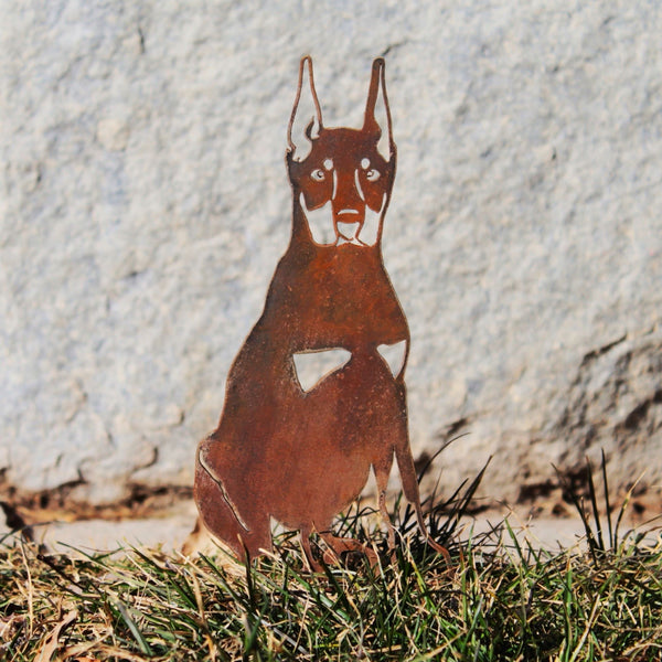 Miniature Pinscher Corten steel dog silhouette, rusted patina finish, shown outdoors – My Metal Rescue