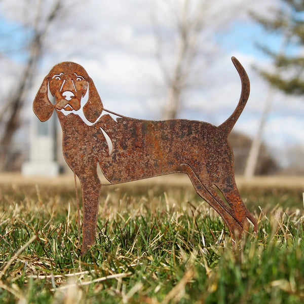 Redbone Coonhound Corten steel dog silhouette, rusted patina finish, shown outdoors – My Metal Rescue