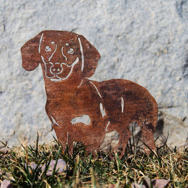 Dachshund Shorthaired Corten steel dog silhouette, rusted patina finish, shown outdoors – My Metal Rescue