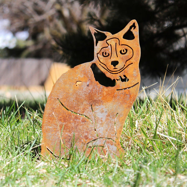 Birman Corten steel dog silhouette, rusted patina finish, shown outdoors – My Metal Rescue