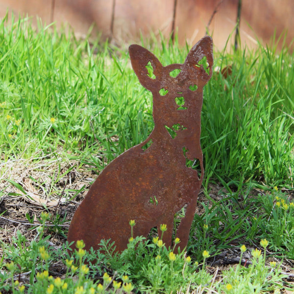 Chihuahua Corten steel dog silhouette, rusted patina finish, shown outdoors – My Metal Rescue