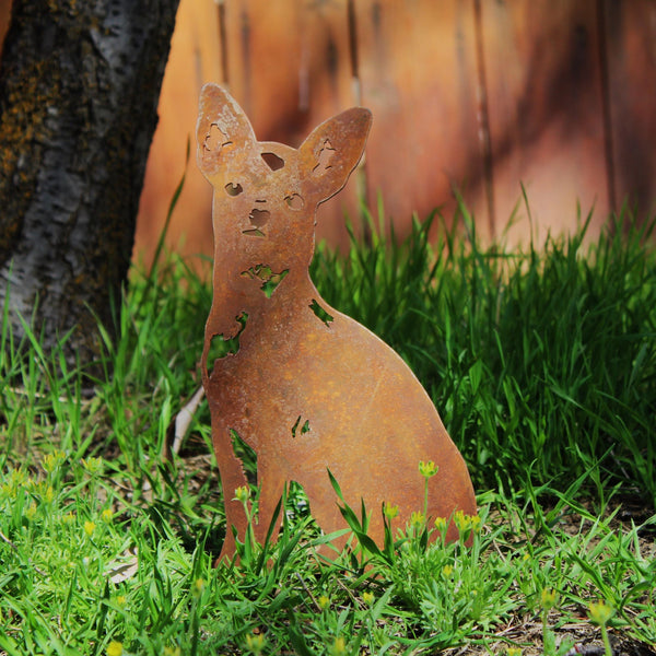 Chihuahua Corten steel dog silhouette, rusted patina finish, shown outdoors – My Metal Rescue