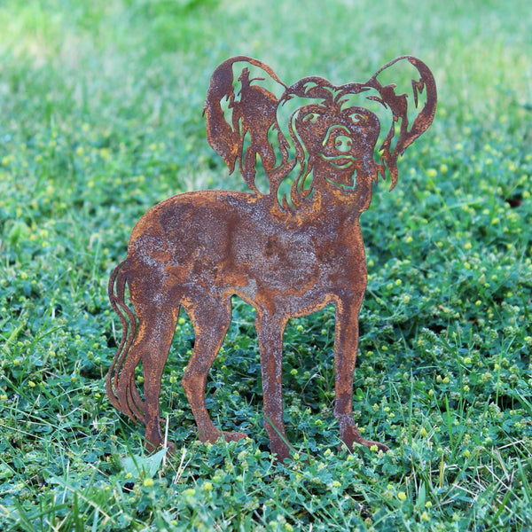 Chinese Crested Corten steel dog silhouette, rusted patina finish, shown outdoors – My Metal Rescue