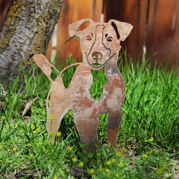 Jack Russell Terrier Corten steel dog silhouette, rusted patina finish, shown outdoors – My Metal Rescue