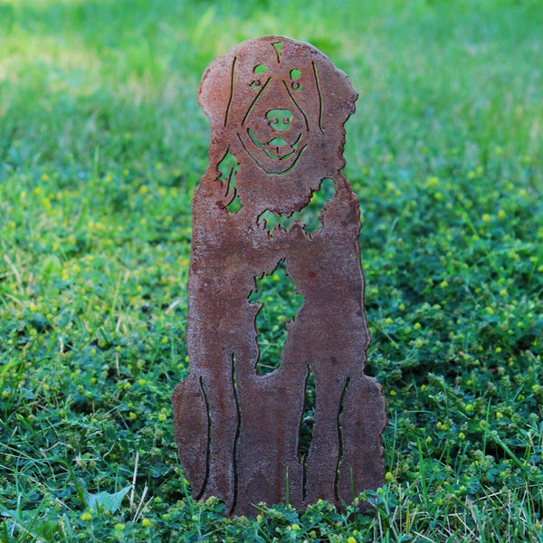 Leonberger Corten steel dog silhouette, rusted patina finish, shown outdoors – My Metal Rescue
