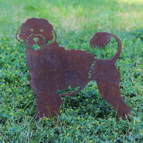 Portuguese Water Dog Corten steel dog silhouette, rusted patina finish, shown outdoors – My Metal Rescue