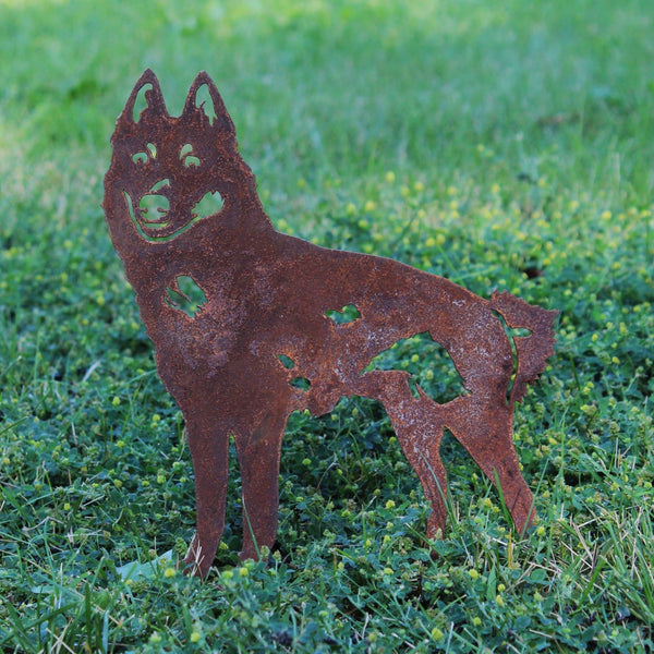 Schipperke Corten steel dog silhouette, rusted patina finish, shown outdoors – My Metal Rescue