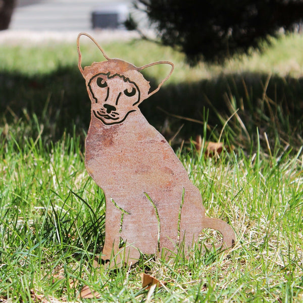 Siamese Corten steel dog silhouette, rusted patina finish, shown outdoors – My Metal Rescue