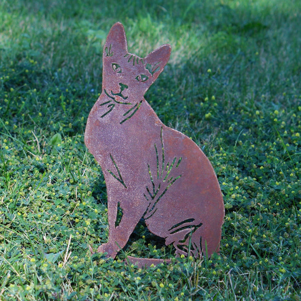 Sphynx Corten steel dog silhouette, rusted patina finish, shown outdoors – My Metal Rescue