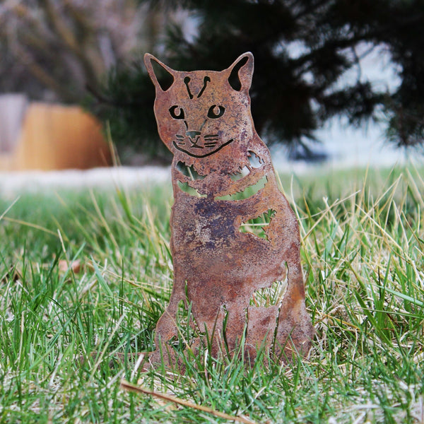 Shorthair Tabby Corten steel dog silhouette, rusted patina finish, shown outdoors – My Metal Rescue