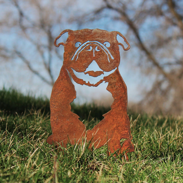 English Bulldog Corten steel dog silhouette, rusted patina finish, shown outdoors – My Metal Rescue
