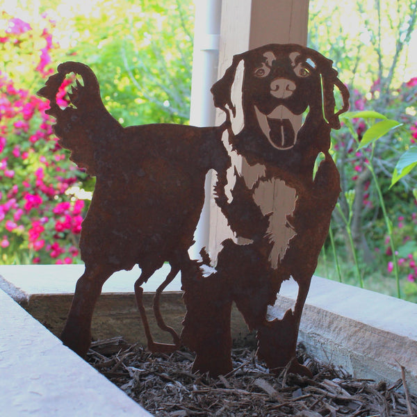 Hovawart Corten steel dog silhouette, rusted patina finish, shown outdoors – My Metal Rescue
