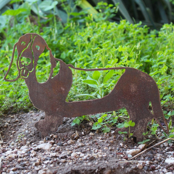 Basset Hound Corten steel dog silhouette, rusted patina finish, shown outdoors – My Metal Rescue