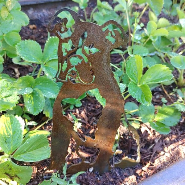 Boxer Corten steel dog silhouette, rusted patina finish, shown outdoors – My Metal Rescue