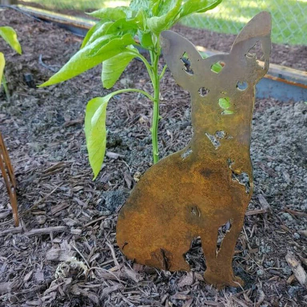 Chihuahua Corten steel dog silhouette, rusted patina finish, shown outdoors – My Metal Rescue