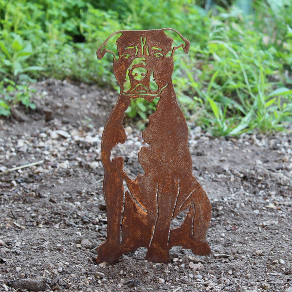 Staffordshire Bull Terrier Corten steel dog silhouette, rusted patina finish, shown outdoors – My Metal Rescue