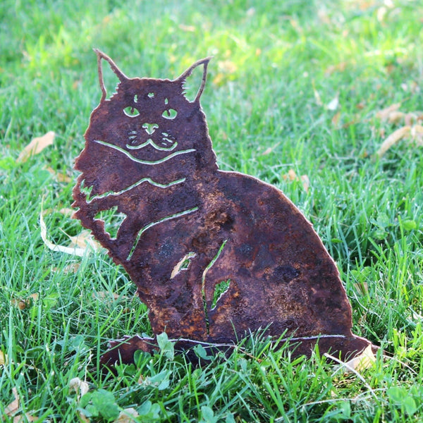Maine Coon Corten steel dog silhouette, rusted patina finish, shown outdoors – My Metal Rescue