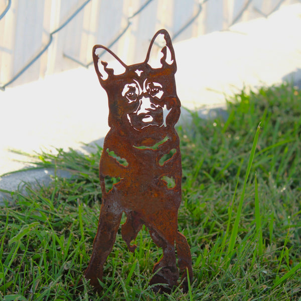 German Shepherd Corten steel dog silhouette, rusted patina finish, shown outdoors – My Metal Rescue