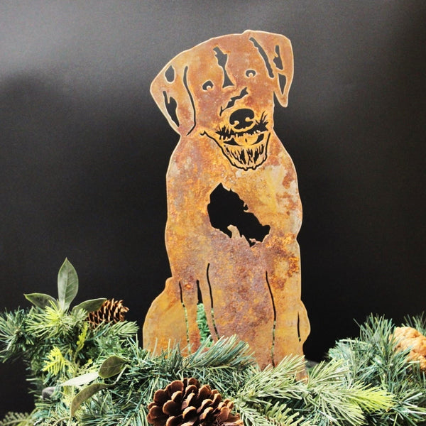 Wirehaired Pointing Griffon Corten steel dog silhouette, rusted patina finish, shown outdoors – My Metal Rescue