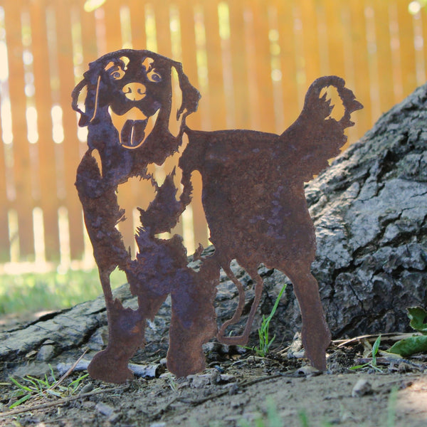 Hovawart Corten steel dog silhouette, rusted patina finish, shown outdoors – My Metal Rescue