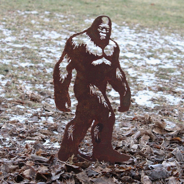 Sasquatch Corten steel dog silhouette, rusted patina finish, shown outdoors – My Metal Rescue