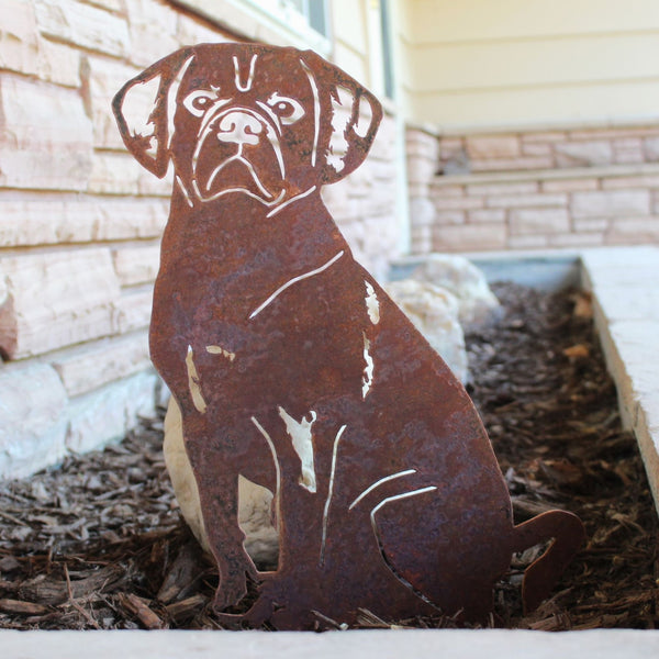 Puggle Corten steel dog silhouette, rusted patina finish, shown outdoors – My Metal Rescue