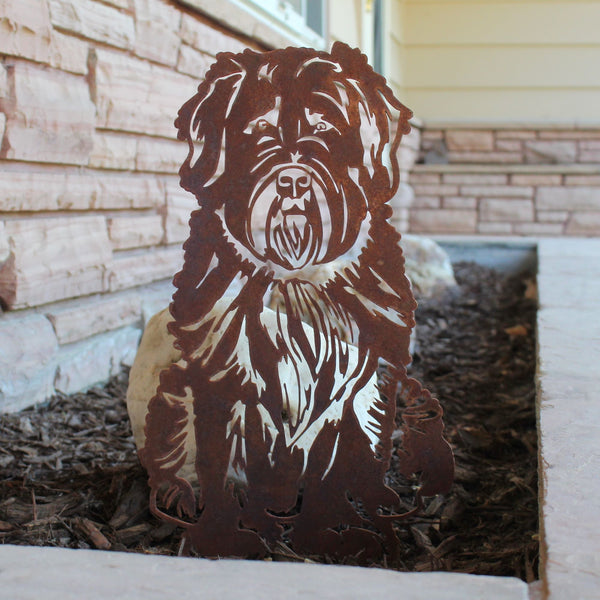 Soft Coated Wheaten Terrier Corten steel dog silhouette, rusted patina finish, shown outdoors – My Metal Rescue