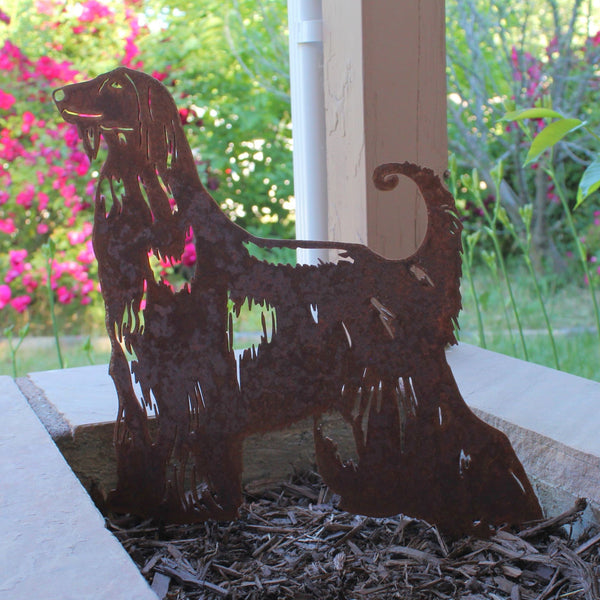 Afghan Hound Corten steel dog silhouette, rusted patina finish, shown outdoors – My Metal Rescue