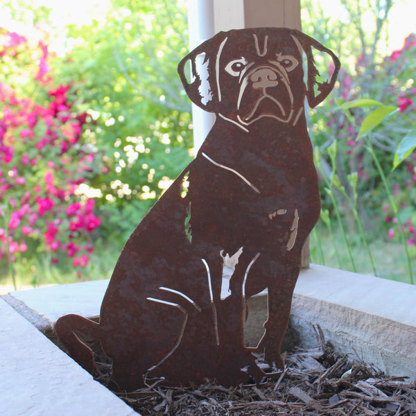 Puggle Corten steel dog silhouette, rusted patina finish, shown outdoors – My Metal Rescue