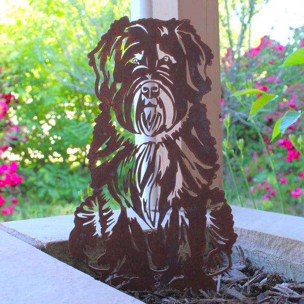 Soft Coated Wheaten Terrier Corten steel dog silhouette, rusted patina finish, shown outdoors – My Metal Rescue