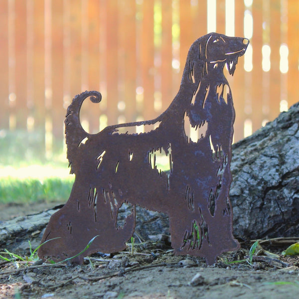 Afghan Hound Corten steel dog silhouette, rusted patina finish, shown outdoors – My Metal Rescue