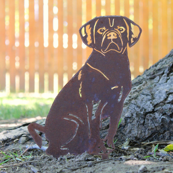 Puggle Corten steel dog silhouette, rusted patina finish, shown outdoors – My Metal Rescue