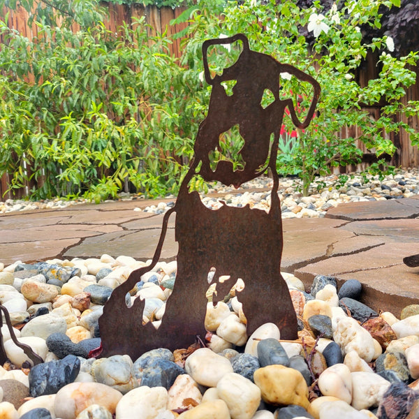 Airedale Terrier Corten steel dog silhouette, rusted patina finish, shown outdoors – My Metal Rescue
