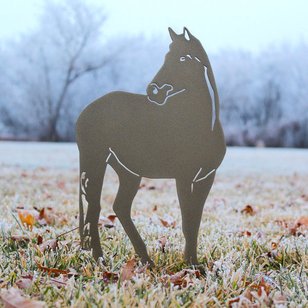 Gold Horse Corten steel dog silhouette, shown outdoors – My Metal Rescue