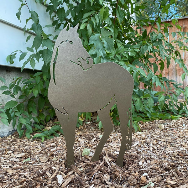 Gold Horse Corten steel dog silhouette, shown outdoors – My Metal Rescue