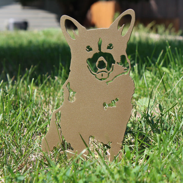 Gold Corgi Corten steel dog silhouette, shown outdoors – My Metal Rescue
