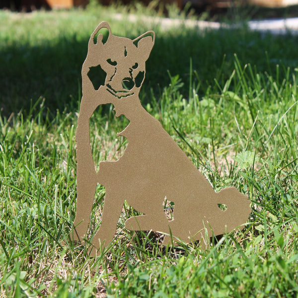 Gold Shiba Inu Corten steel dog silhouette, shown outdoors – My Metal Rescue